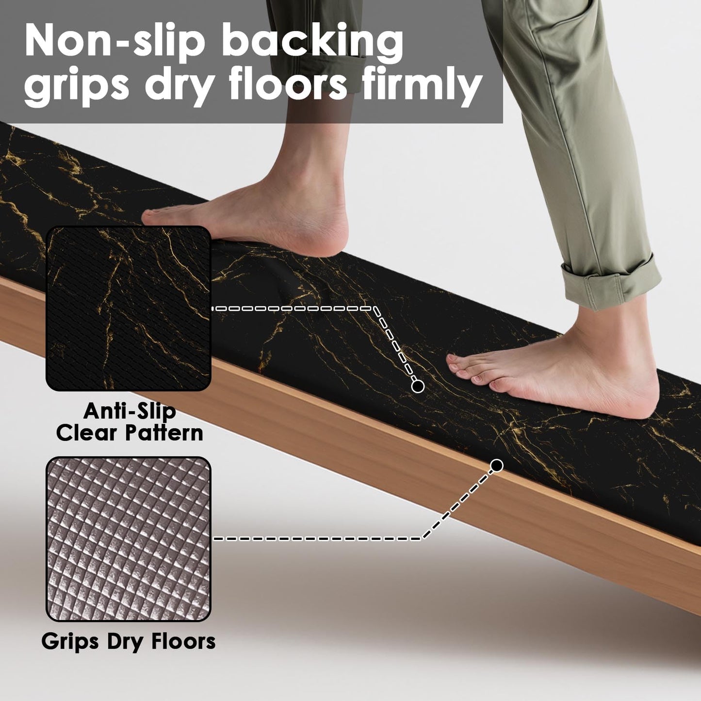 Arttown Anti-Fatigue Kitchen Rug Set of 2 Marble Black Gold Abstract Cushioned Floor Mat, Standing Waterproof Non-Slip Mat and PVC Ergonomic Comfort Foam Rug for Kitchen