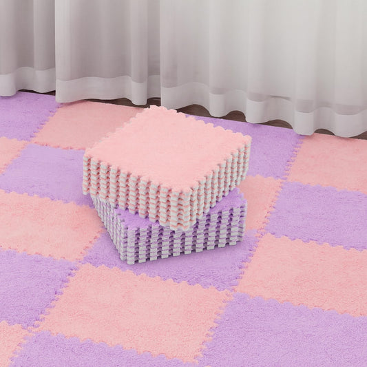 Flutesan 15 Pcs Winter Plush Puzzle Foam Floor Mat Interlocking Carpet Tiles Anti Slip Soft Warm Squares EVA Foam Crawling Rug for Play Floor Playroom Bedroom Nursery(Pink, Purple)
