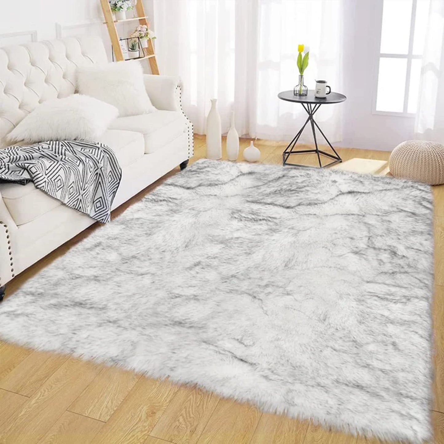 Latepis Area Rug 5x8 Living Room Rugs White with Grey Tips Large Bedroom Fluffy Shag Rugs Washable Faux Fur Rug for Dorm Soft Rugs Home Decor Rectangle