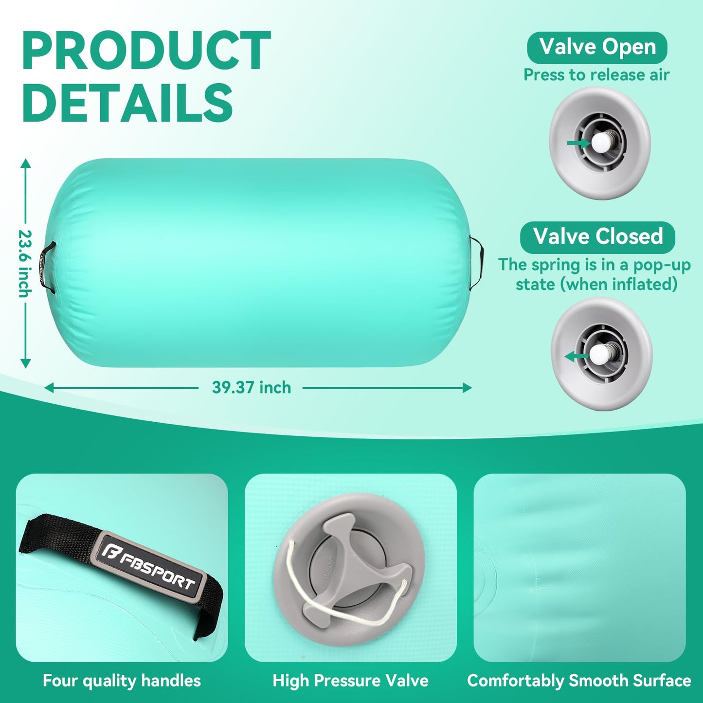 FBSPORT Air Roller Gymnastics Barrel, Inflatable Gymnastics Air Roller Inflatable Air Gymnastics Mat with Electric Pump for Yoga Cheerleading Training Home Outdoor Use (39x24inch Green)