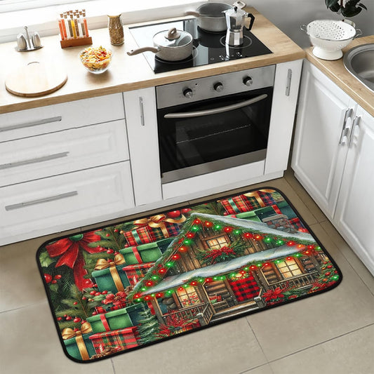Kitchen Rug Christmas Red Green House Absorbe Floor Mat Non Slip Rubber Backing Kitchen Mat for Indoor Sink Bathroom Hallway Entryway Home Holiday Decorative Throw Carpet 39X20 in