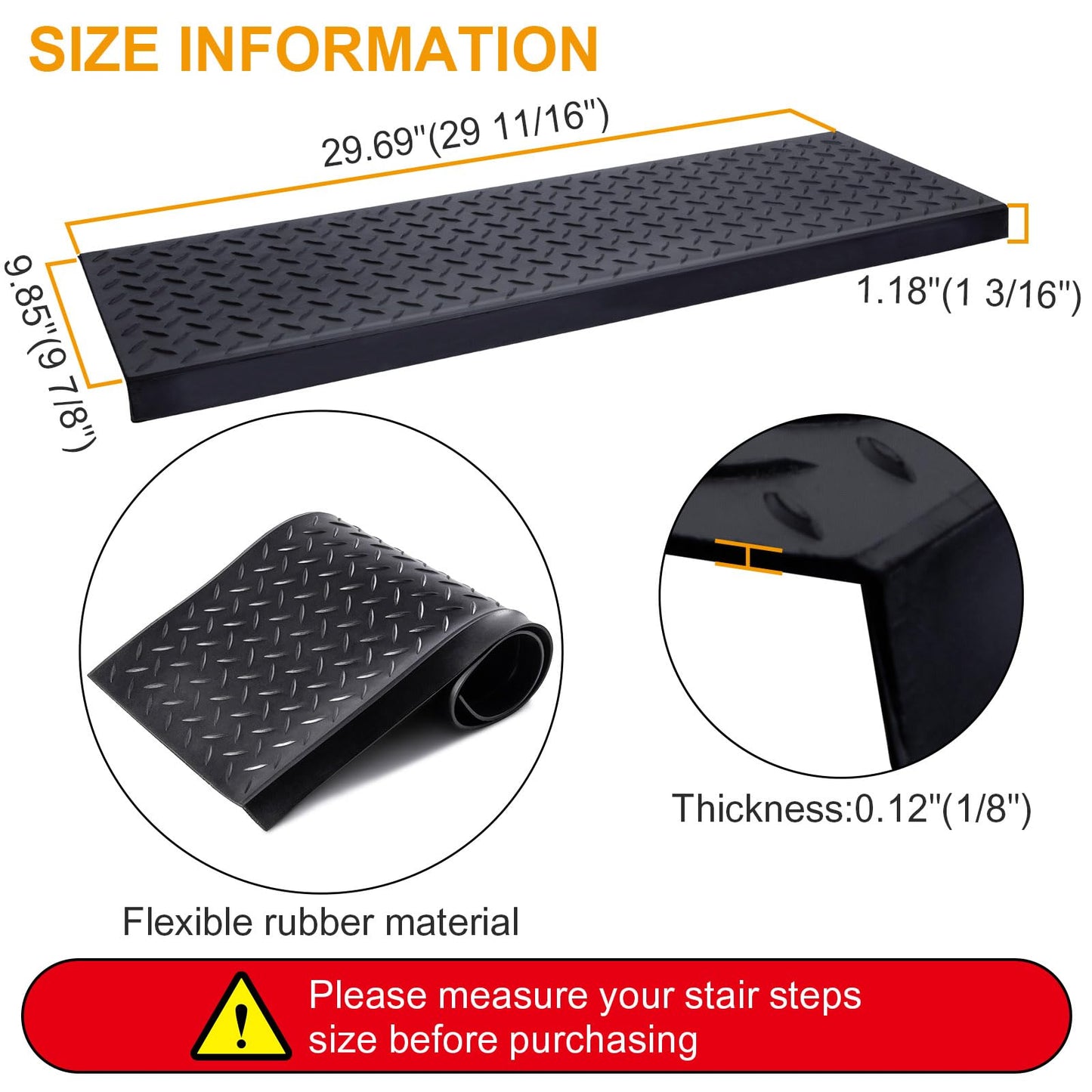 Spurtar Rubber Stair Treads, 29.69" x 9.85" 3PCS Outdoor Rubber Stair Treads Non-Slip for Wooden with Nosing Concrete Marble Tile Metal Steps Black