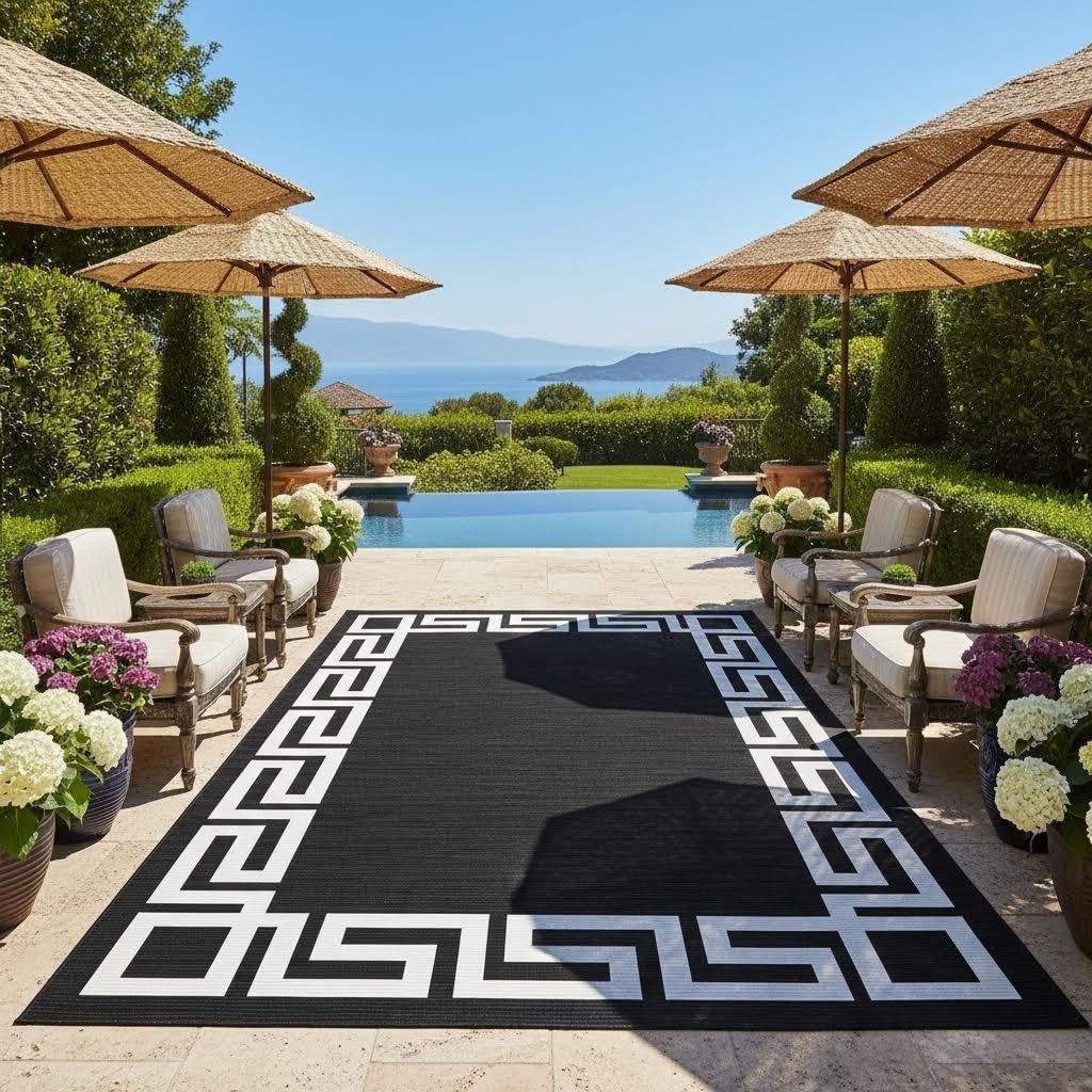 Black White Greek Key Border Outdoor Rug for Patio Deck Balcony Camping Garden Porch Large Waterproof Outside Carpet Meander Frame Decorative Area Rug Kitchen Camping Rv Picnic Easy Clean Mats 3x5