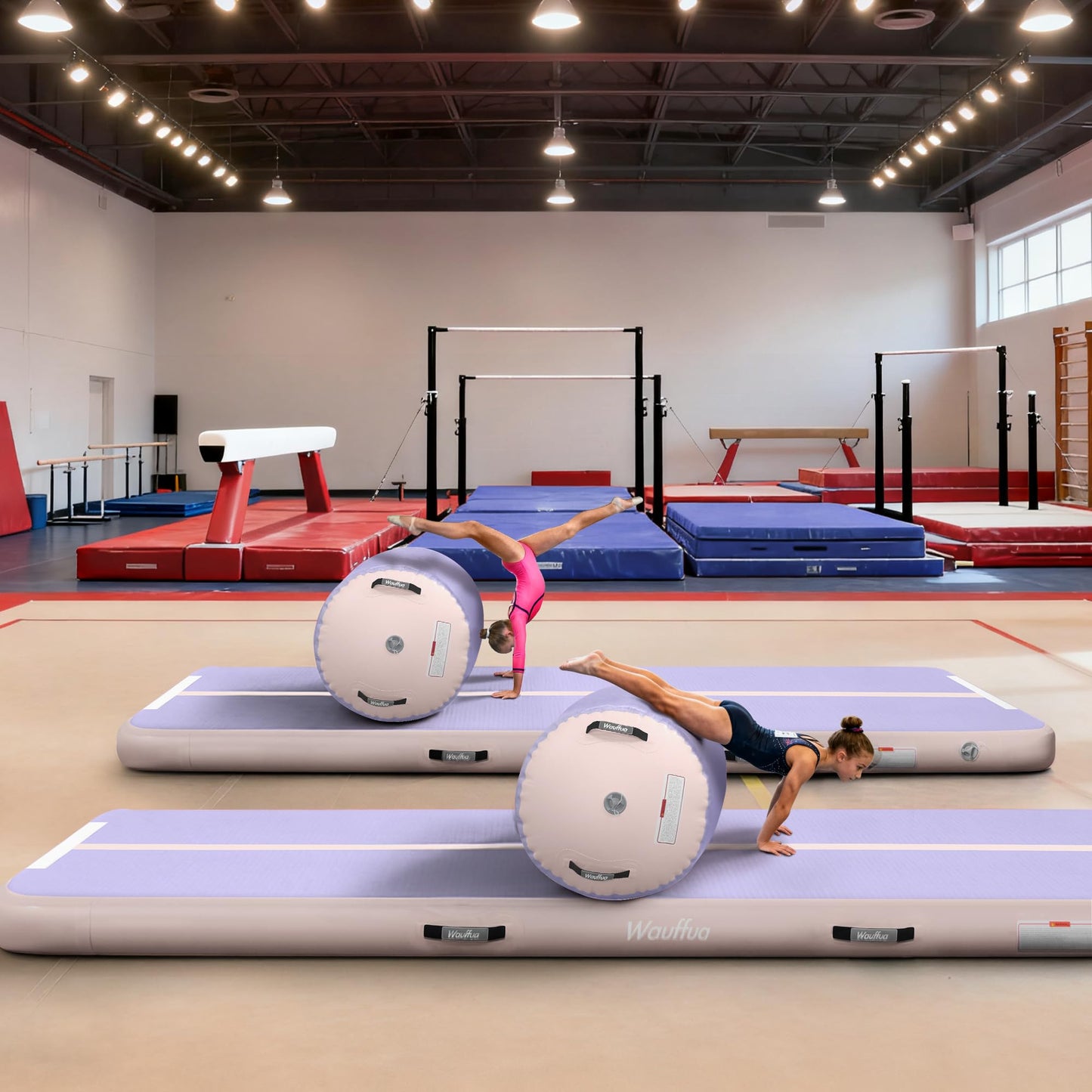 Wauffua Inflatable Gymnastics Mat with Tumbling Air Barrel Roller, 10/13 ft Tumble Track, 3.3 ft x 2 ft Octagon Mat for Home, Gym, Without Pump