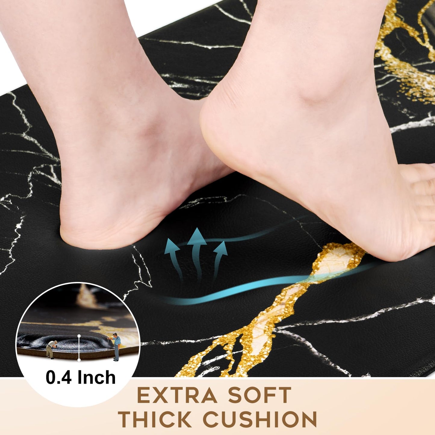ASPMIZ 3 Piece Marble Kitchen Runner Rugs Set, Anti Fatigue Cushioned Kitchen Floor Mats, Black Gold Marble Kitchen Rugs Non Slip, PVC Waterproof Kitchen Mats 18'' x 30'' + 18'' x 48'' + 18'' x 60''
