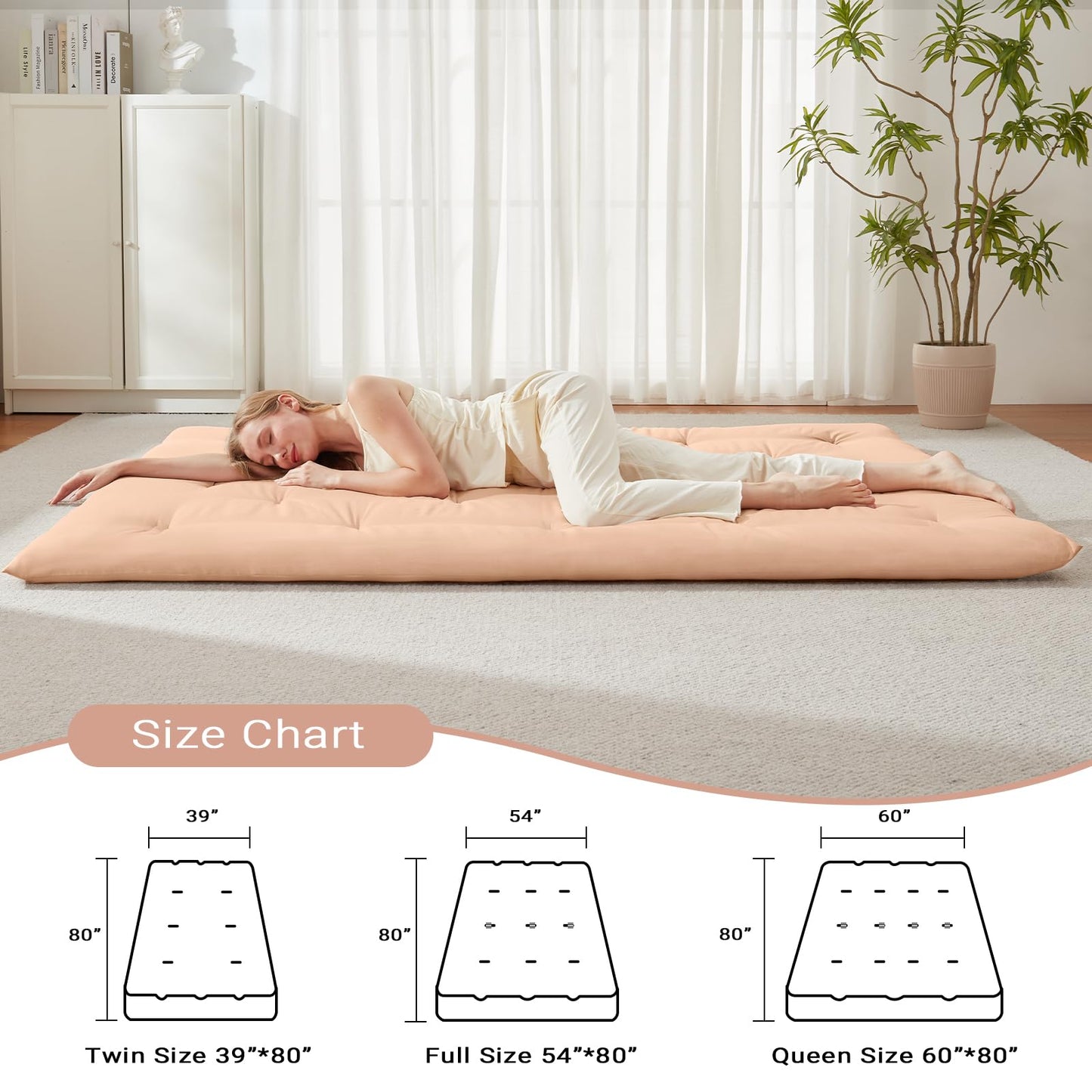 Mollydot Japanese Floor Futon Mattress Queen Size 60"x 80", Foldable Bed Mattress, Portable Tatami Mat Sleeping Pad, Folding Futon Cushion, Roll Up Floor Lounger for Guest Room Dormitory (Khaki)