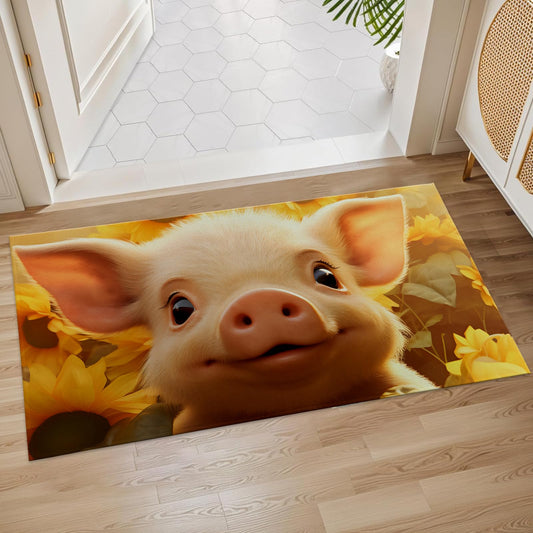 Plistiz Smiling Piglet with Sunflowers Indoor Door Mat, 17x29.5 Inch, Floor Area Rug for Entryway, Living Room, or Bathroom, Non-Slip Doormat, Pig Spring Home Decor Rug Gifts