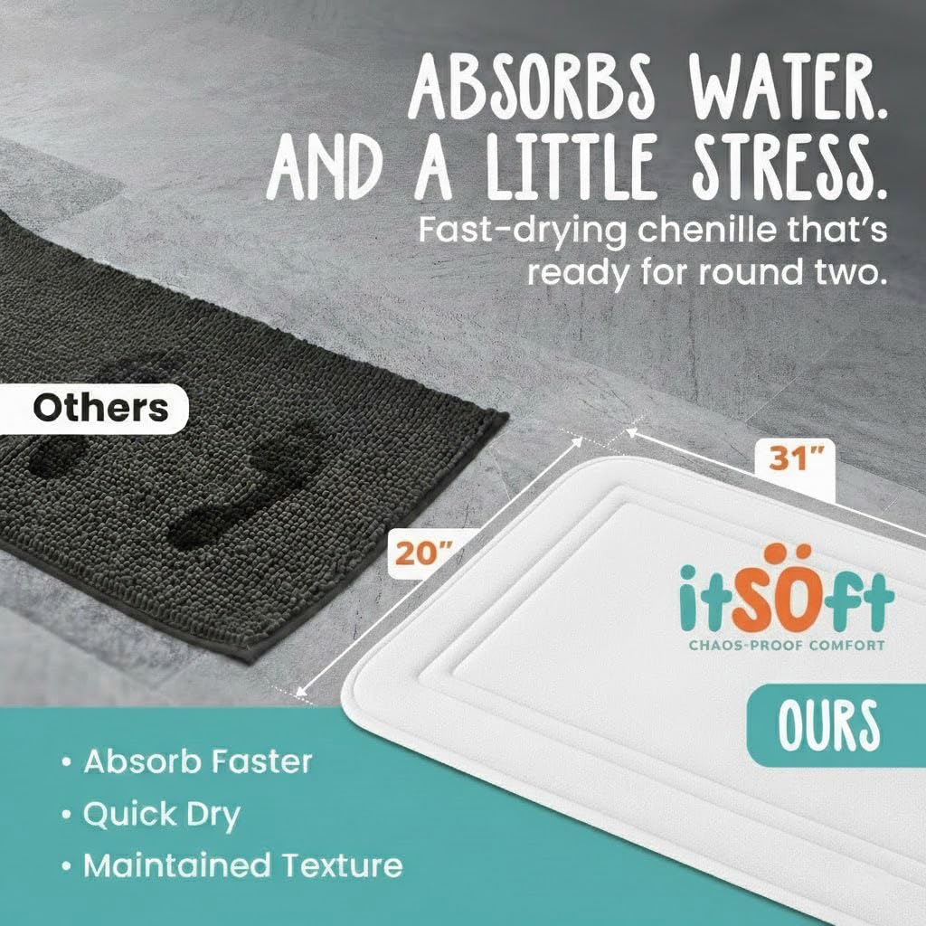 ITSOFT Memory Foam Bath Mat 31x20, Non Slip, Machine Washable, Quick Dry & Absorbent Rugs, Bath Mats for Bathroom Floor, Tub & Shower, Bathroom Rug, White