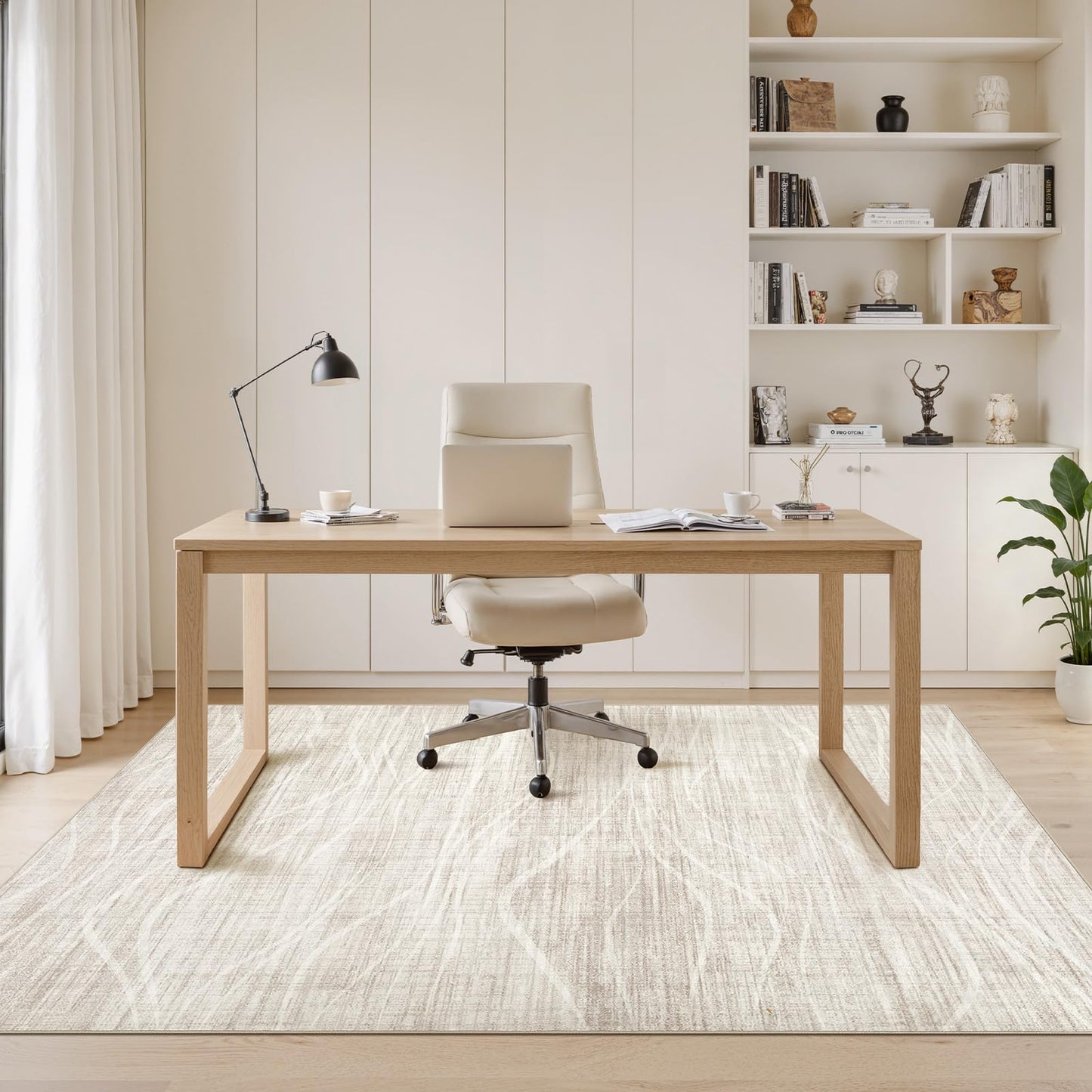 WITSHOCK Washable Rugs 8x10 Modern Area Rugs, Thin Rug for Living Bedroom Dining Room Nursery Kitchen Office, Wave Striped Rugs Indoor Carpet Soft Non Slip Stain Resistant Home Decor, Beige