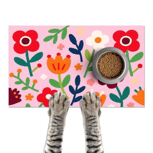 HOMETITUTE Pet Food Mat Non-Slip Mat for Cat and Dog Food and Water Indoor 20" x 12" Floral Print Design Dog Bowl Placemat Pet Feeding Station Colorful Meal Mats for Small Pets Kitchen Floor Use
