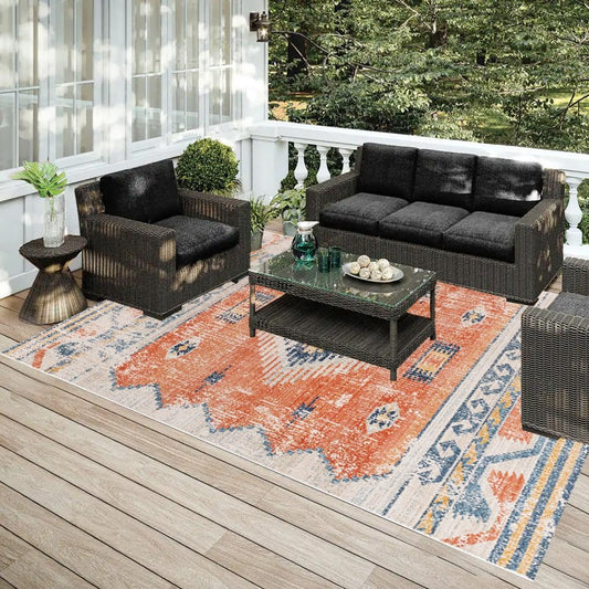Vibrant Orange Blue Tribal Geometric Pattern Outdoor Area Rugs 5x7 for Porch Patio Deck Balcony Washable No Slip Durable Carpet Veranda Backyard RV Garden Vintage Traditional Rustic Distressed Rug