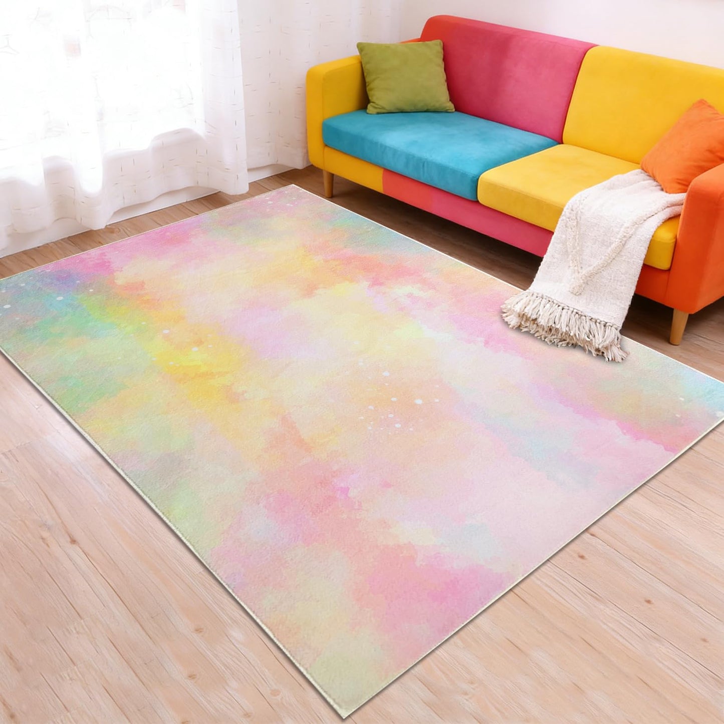 Lacomfy Pink Yellow Kids Rug 3x5Ft Soft Washable Ombre Carpet for Boys Girls Bedroom, Non-Slip Playroom Mat for Children Nursery, Neutral Modern Abstract Kids Decor for Dorm & Living Room