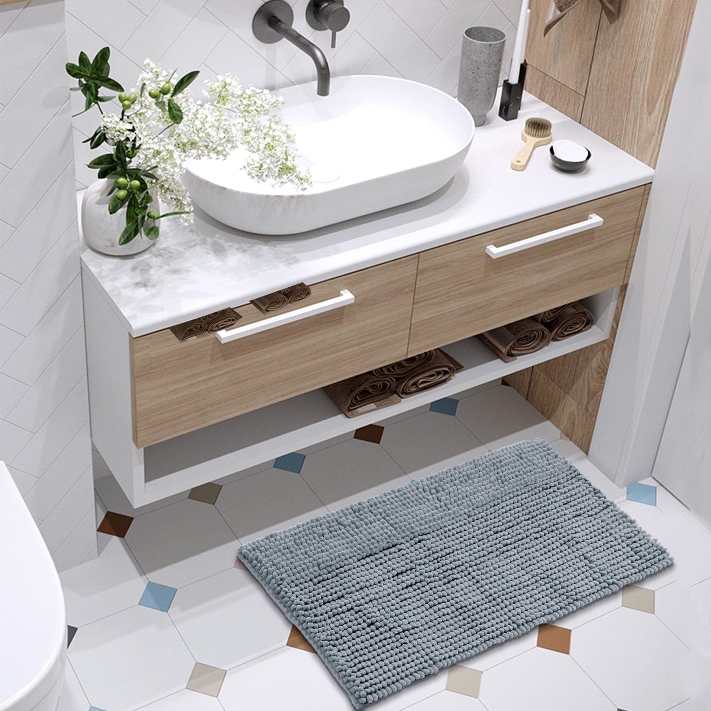 FRESHMINT Chenille Bathroom Rugs Non-Slip Bath Mat 24"x17", Washable Soft Shower Mat, for Bathroom Floor & Tub Fluffy Shag Bath Rugs, Durable Thick Water Absorbent Microfiber Shower Rugs, Sky Gray