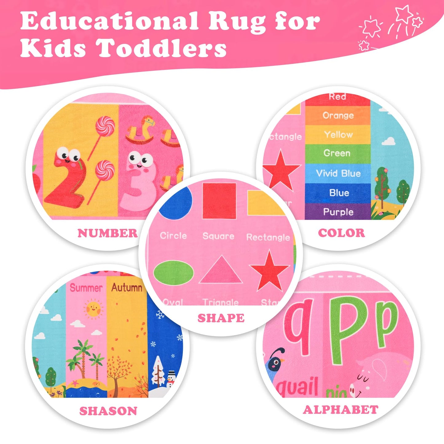 Flagover Pink Kids Rug for Playroom Classroom, ABC Alphabet Numbers Play Toddlers Rugs, 6x9 Learning Educational Bedroom Floor Mat, Washable Baby Carpet for Girls Room, Nursery, Preschool, Daycare