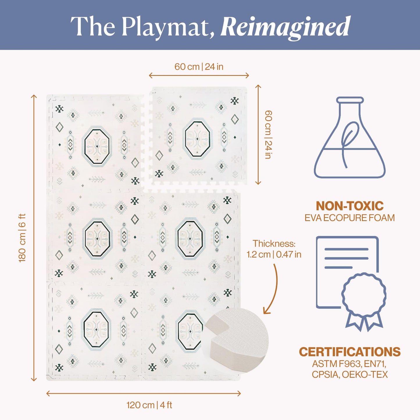 Toddlekind Haven Play Mat - 4x6 Amira Seagrass - Extra Thick Non-Toxic Soft Foam Playmat for Floor - Stylish Interlocking Playroom Puzzle Mat for Kids & Toddlers - 6 Tiles - Odorless - Wipe Clean