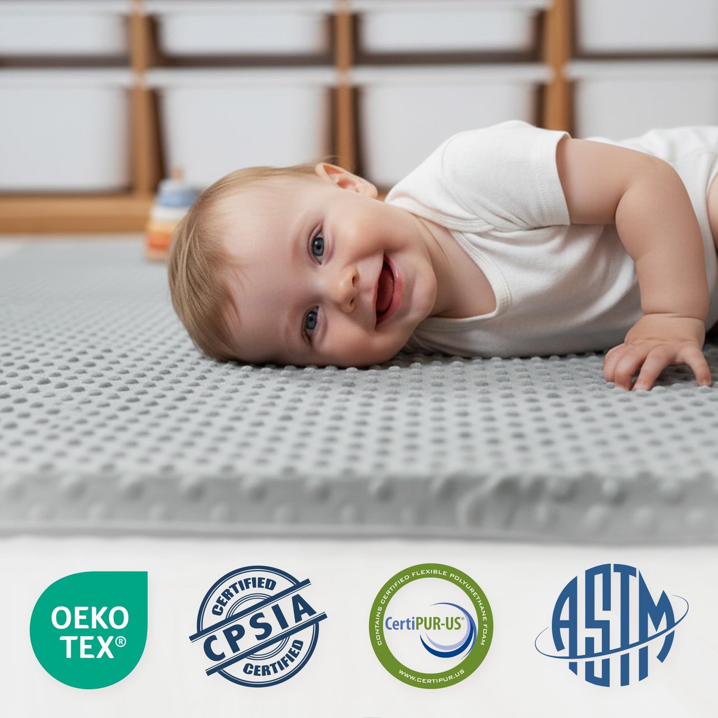 Baby Floor Play Mat for Playpen, Extra Thick 50x50 Inches Padded Mat with Ultra Soft 3D Minky Dot & Removable Washable Cover, Non-Slip & Safe for Crawling,Tummy Time,Infant/Toddler (Grey)