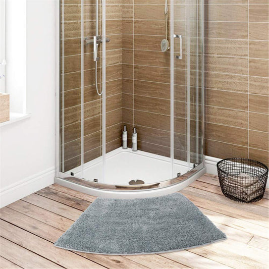 Seavish Luxury Grey Shag Curved Bath Rug, 18 x 30 inch Non Slip Microfiber Soft Absorbent Fanned Shower Mats Washable Bathroom Rug Corner Bath Tub Floor Carpet for Quadrant Shower Stall