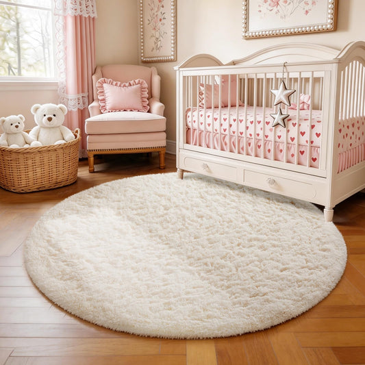 Ophanie Round Rug 4Ft Ivory Circle Area Rugs, Fluffy Fuzzy Small Bedroom Carpet 4 foot, Plush Shag Floor Cream Living Room Christmas Circular Aesthetic Decor for Kids Teen Boys Baby, Nursery,Classroom
