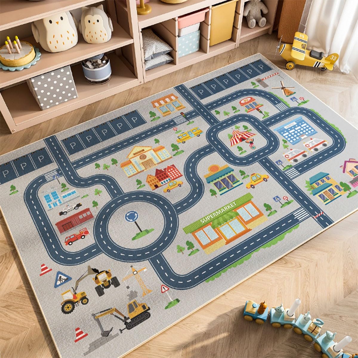 HOJOMACA Car Rug 32×47inch, Road Carpet Play Mat for Toy Cars, Non-Slip Race Track Carpet Rug, Educational Area Play Rugs for Children Playroom Bedroom (Town Road)