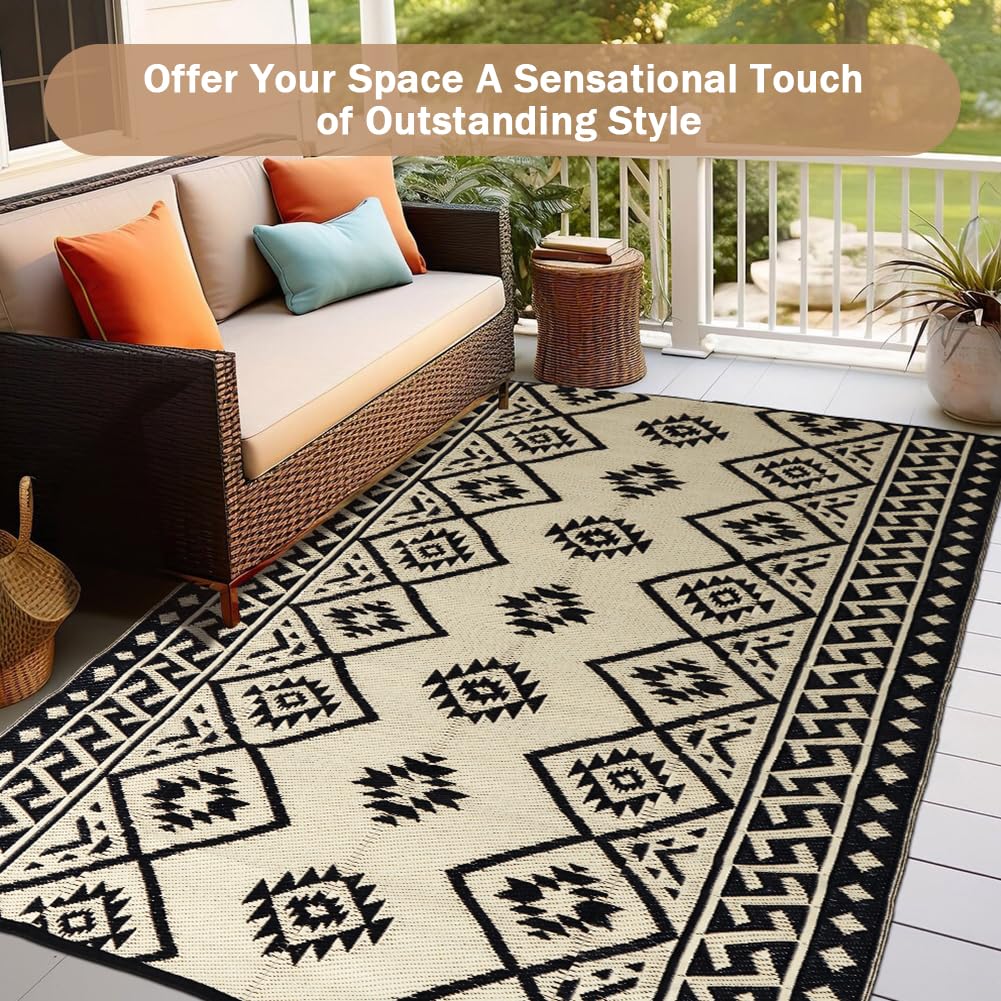 LILIOFFIC Outdoor Rug - Outdoor Rugs 9x12 for Patios Clearance, Large Outdoor Area Rug Carpet for Outside, RV, Deck, Picnic, Beach, Camping, with 4 Stakes, Black & Beige