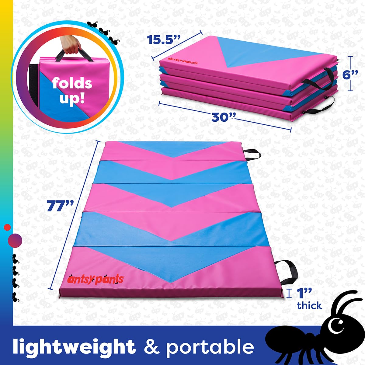 Antsy Pants Tumbling Mat for Kids – 5-Fold Gymnastics Mat, Easy to Clean, Sturdy, Foldable Tumbling Mat, Padded, Lightweight, Portable, Gymnastics Equipment for Active Play, Pink/Neon Blue