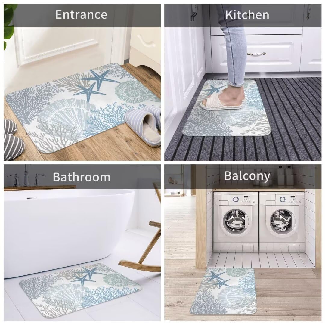 Coastal Beach Bath Mats for Bathroom,Nautical Ocean Seashells Starfish Absorbent Bath Rug Non-Slip Floor Rug Carpets Door Mat Washable Area Rugs for Bathroom Laundry Bedroom Living Room Kitchen,Blue