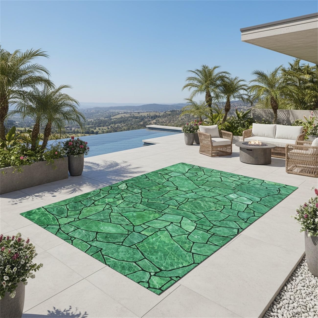Emerald Green Irregular Stone Pattern Area Rug 2x3 Rustic Outdoor Waterproof Rugs for Porch Patio Deck Backyard Non Skid Thin Low Pile Outside Large Carpet Balcony Foyer RV Mats Front Yard Rug