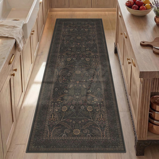 Washable 2x6 Kitchen Rugs Non Slip - Dark Brown Hallway Runner Rug, Farmhouse Non Slip Floral Botanical Bathroom Mats, Southwestern Cabin Bedroom, Hall Way Low Pile Carpet