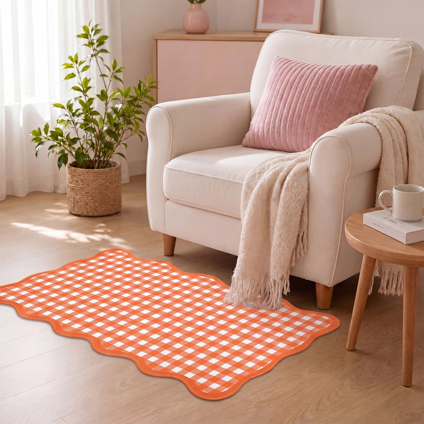 Breling Orange and White Scalloped Plaid Entryway Rug 16.5 x 27.5 Buffalo Checkered Indoor Mat Washable Non-Slip Gingham Door Rug for Entryway Entrance Bedroom Kitchen Living Room Decor