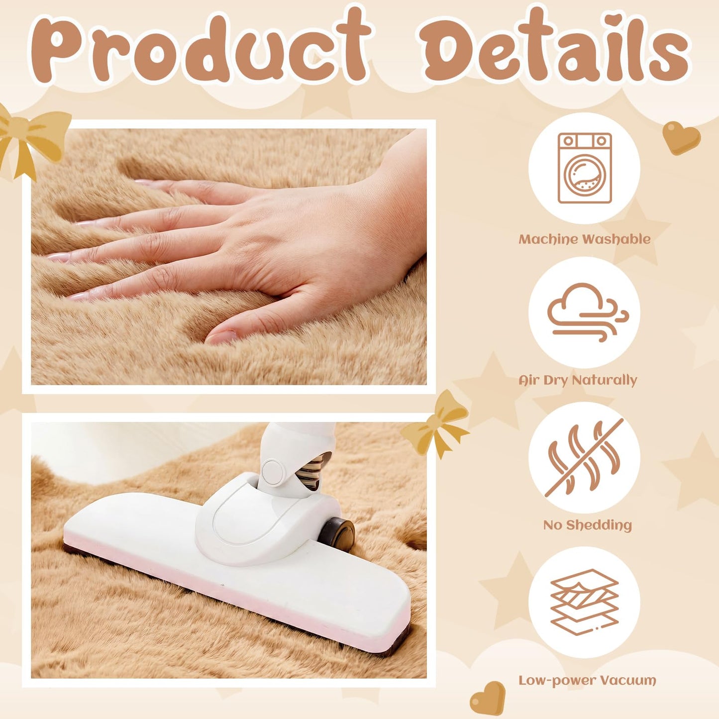 Tinideya Tan Bow Rug 2 x 3 ft Cute Coquette Bow Area Rugs with 6 Pcs 3.94 x 3.94'' Anti Slip Stickers Faux Rabbit Fur Bedside Carpet with Serged Edge for Bedroom Nursery Playroom Home Floor Decor