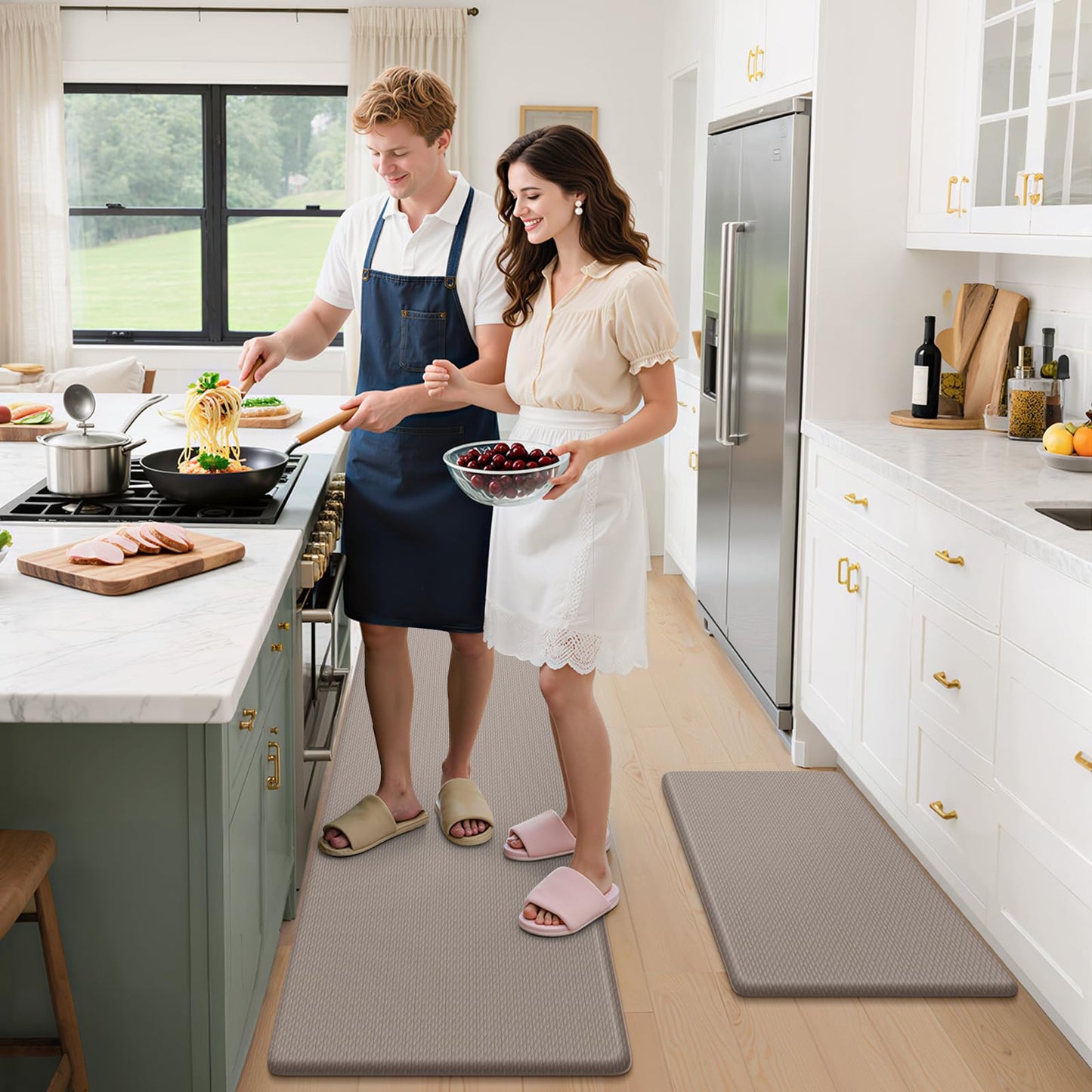 StepLively Kitchen Mat, 2 PCS Kitchen Rugs, Cushioned Kitchen Mats for Floor, Anti Fatigue Kitchen Rug Set, Non-Skid Standing Mat for Kitchen, Office, Sink, 17.3"×30"+17.3"×47", Khaki