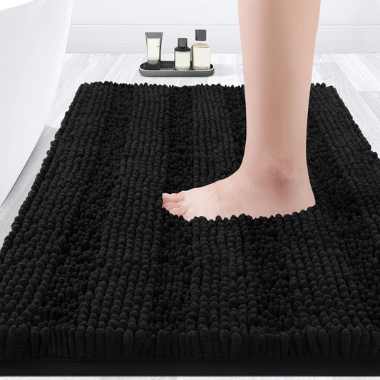 ACCUMTEK Striped Black Bathroom Rug Mat 32"x20" Ultra Soft, Non Slip Chenille Bath Rugs, Absorbent Plush Shaggy Bath Mats for Bathroom, Bedroom, Kitchen, Shower, Tub