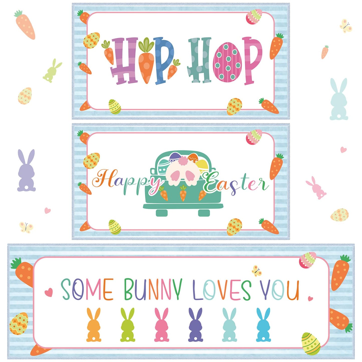 Amylove 3 Pcs Easter Kitchen Rug Easter Floor Mat Rabbits Bunny Eggs Hip Hop Rugs Decorative Spring Kitchen Mat Anti Slip for Home Bathroom Decoration, 47.2 x 15.8 Inch, 29.5 x 15.8 Inch
