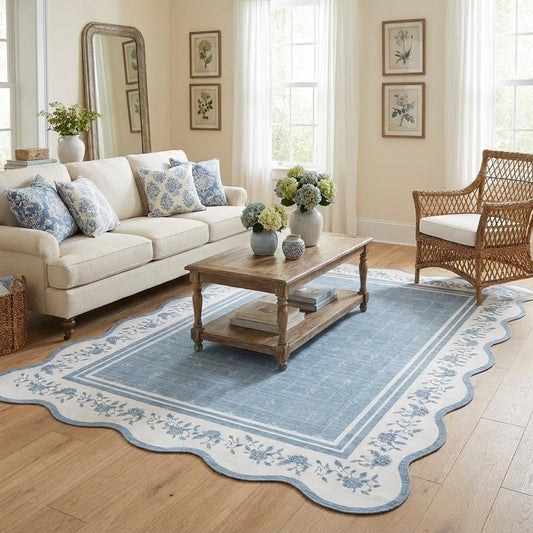 Garvee Washable Rugs for Living Room 8x10 Area Rugs for Bedroom Scalloped Rug Modern Bordered Non Slip Large Kids Bedroom Carpet Indoor Stain Resistant Floor Cover for Dining Room Office Nursery Blue