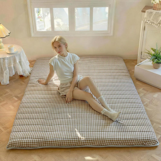 NSNLGSGC Tan Gingham Japanese Floor Mattress, 3.5" Thick High Density Foam Futon Mattress, Foldable Tatami Sleeping Pad, Roll Up Floor Bed for Dorm Guest Room, Twin Size 39" x 80"