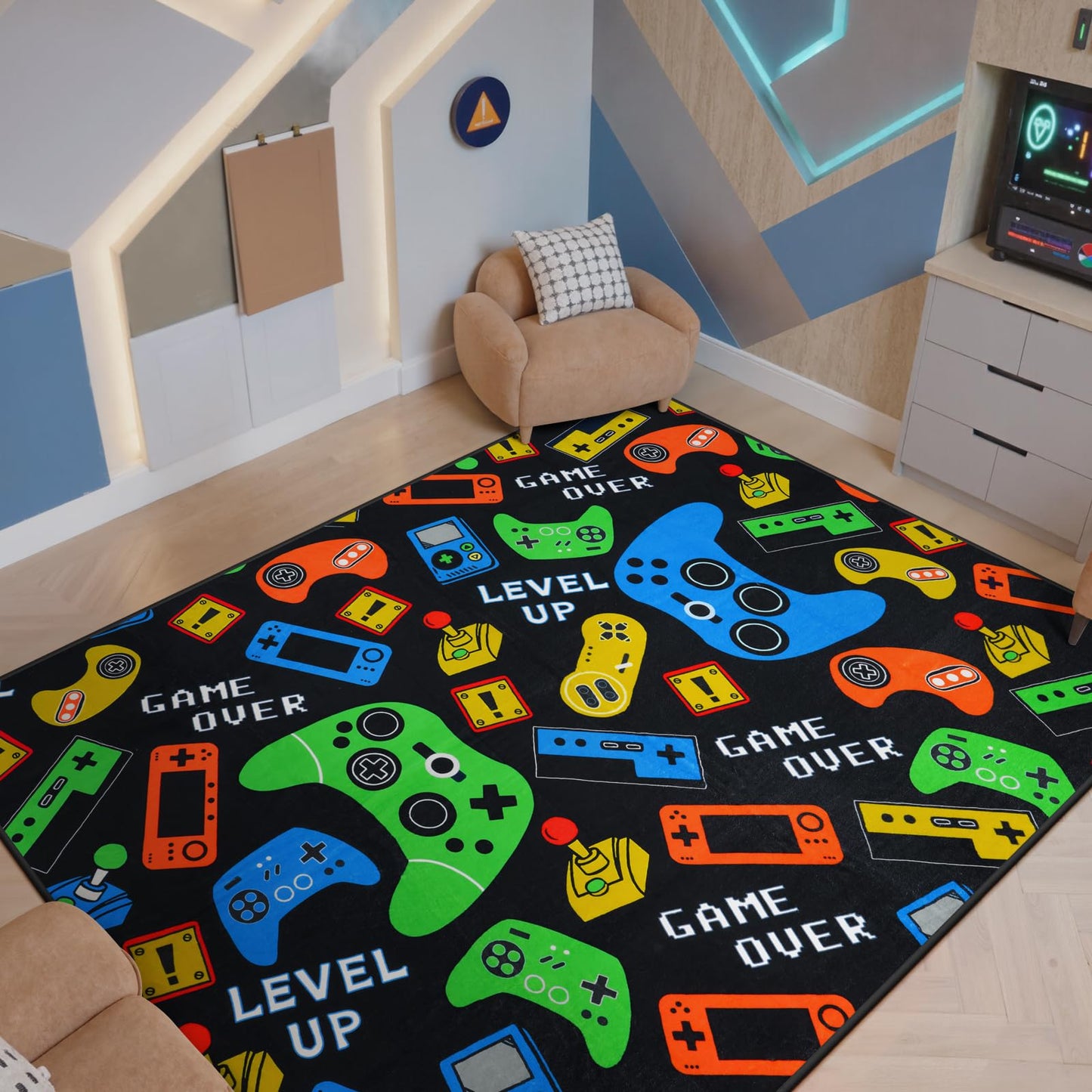 STARUIA Gamer Area Rug for Boys Room, 5x7 Washable Kids Rug for Boy Bedroom, Soft Black Cool Teens Video Games Console Carpet Kids Room Rugs for Game Room Playroom Living Room