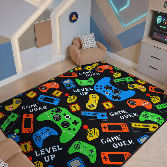 STARUIA Gamer Area Rug for Boys Room, 5x7 Washable Kids Rug for Boy Bedroom, Soft Black Cool Teens Video Games Console Carpet Kids Room Rugs for Game Room Playroom Living Room
