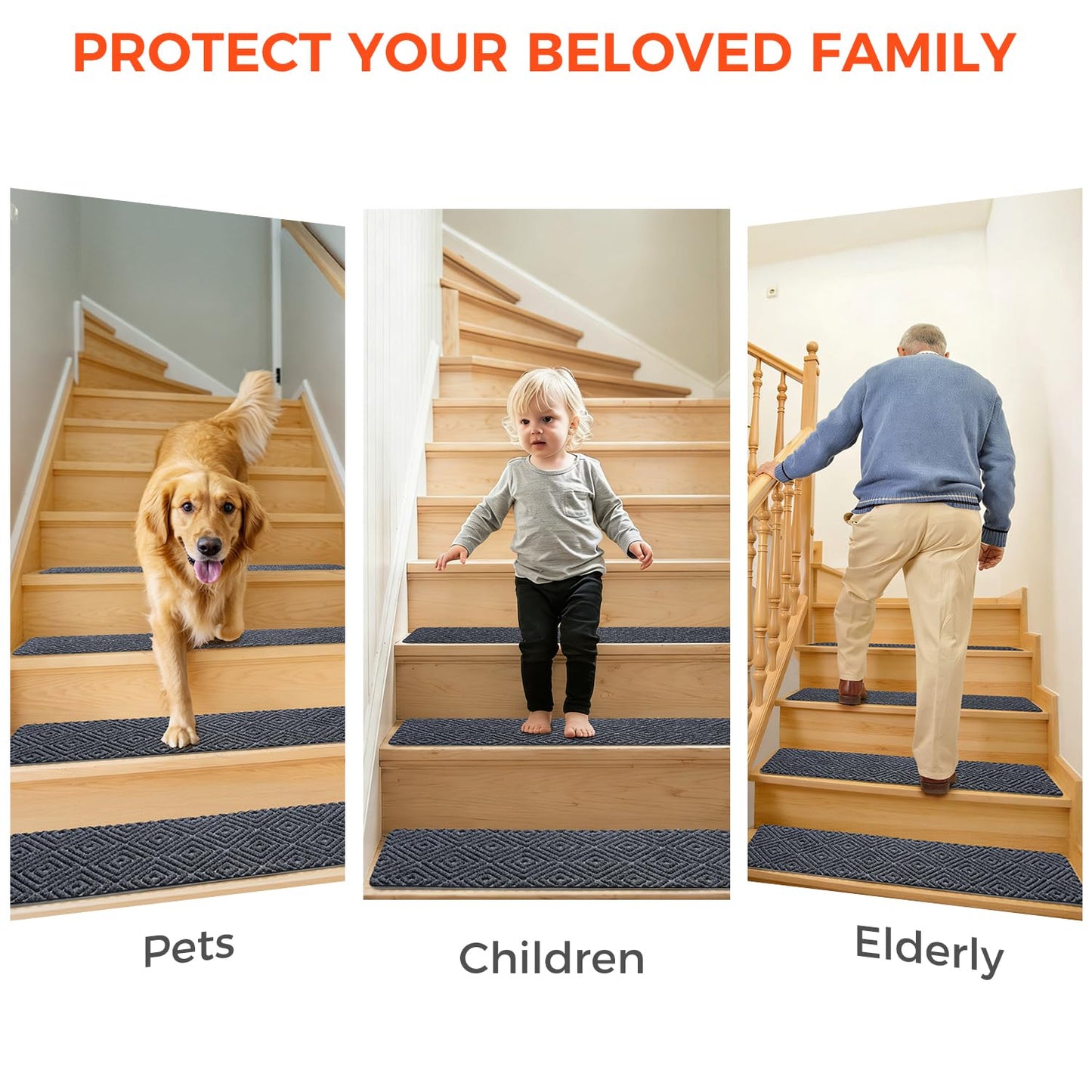 BAGAIL 15 Pack Non-Slip Stair Treads for Wooden Steps, 8"x30" Peel and Stick Carpet Stair Runners, Machine Washable Indoor Step Covers with No-Residue Adhesive for Dogs, Kids & Elderly - Dark Gray
