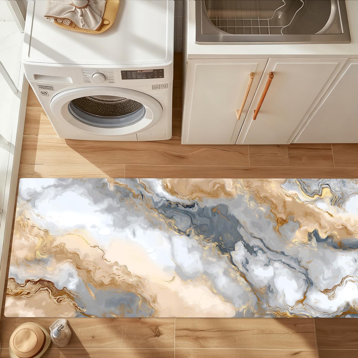 ANNA QUEEN Gray Gold Marble Laundry Room Rug Runner 20 x 47 Inch,Non Slip Washable Cushioned Modern Floor Mat for Washer Dryer,Kitchen and Bathroom