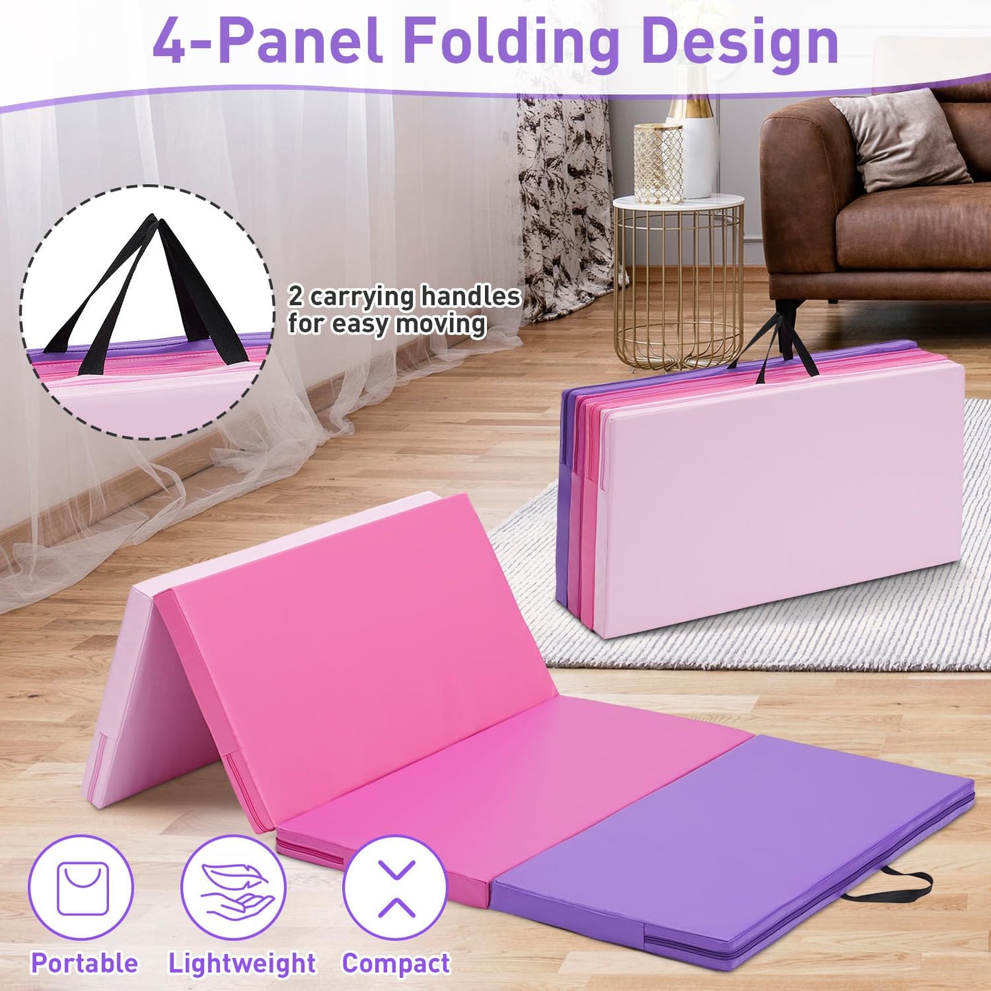 Oneofics Gymnastics Mat, 3'x6'x2'' Thick 4-Panel Folding Kids' Gymnastic Tumbling Mat for Home Gym Exercise & Play