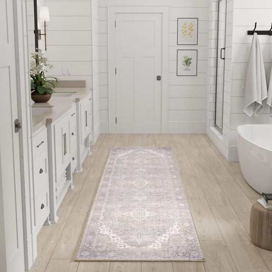 Nourison Home Vintage Washables Light Blue 2' x 6' Area Rug - Easy Clean, Non Shedding, Bed Room, Living Room, Dining Room, Kitchen (6' Runner)