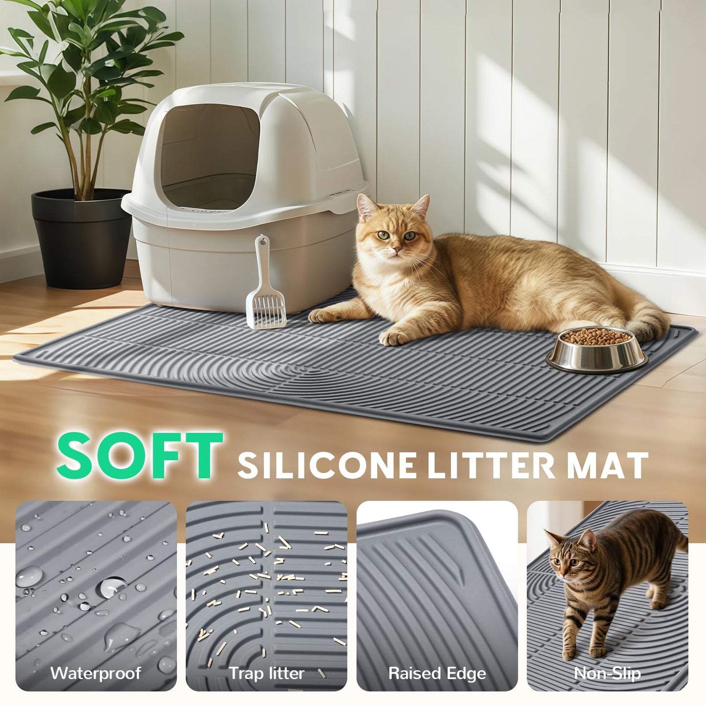 Pawtasy Cat Litter Box Mat,47" x 35" Extra Large Silicone Waterproof Litter Trapping Mat for Scatter Control Soft on Kitty Paws Non-Slip Easy to Clean