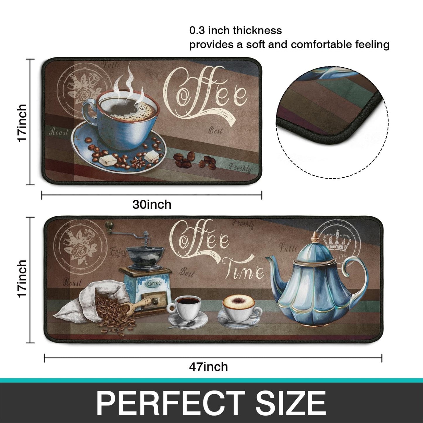 BOOWEATS 2 Piece Coffee Kitchen Decor Rug Set, Home Kitchen Sink Rugs and Mats Non Skid Washable Absorbent Microfiber Kitchen Floor Carpet 17"x47"+17"x30"