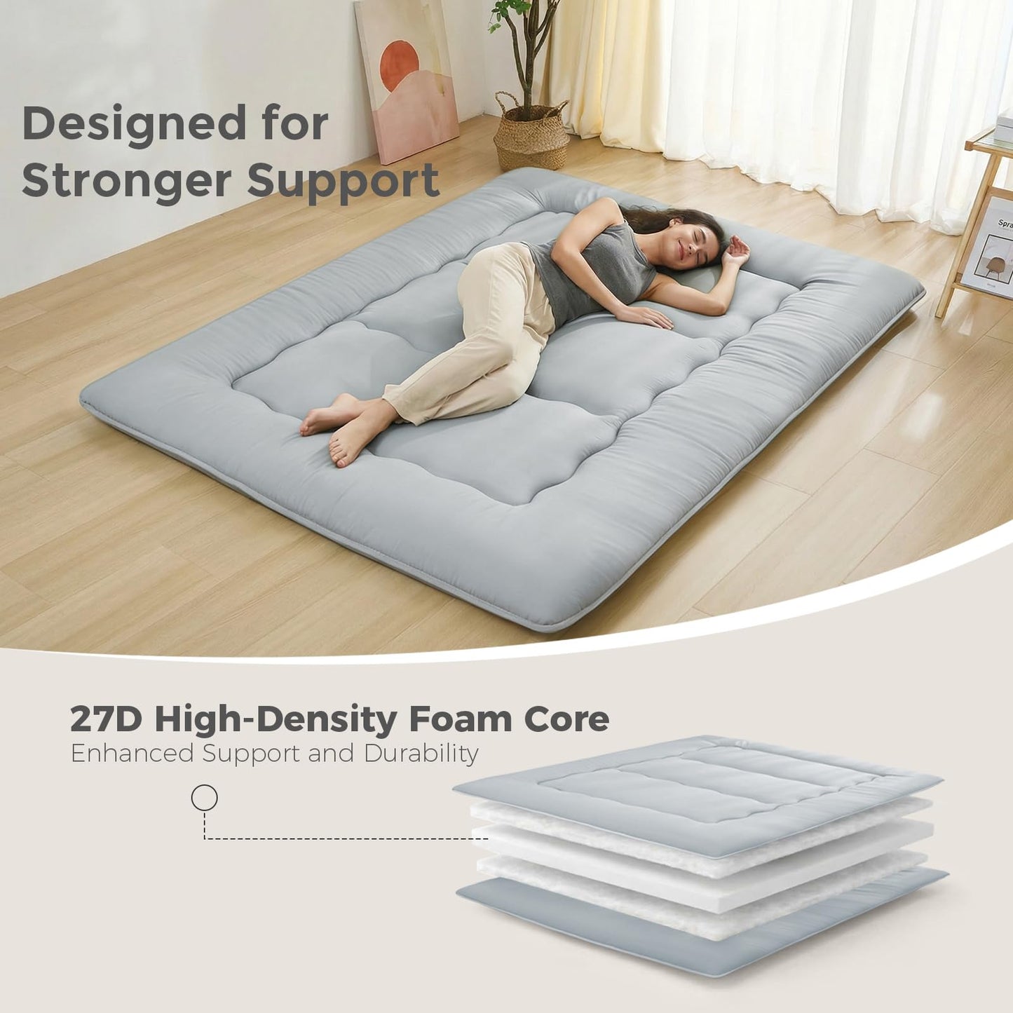 XICIKIN 2.5" Japanese Floor Mattress, Foldable Floor Mattress with Washable Cover Japanese Futon for Camping, Guest (Grey, Twin)