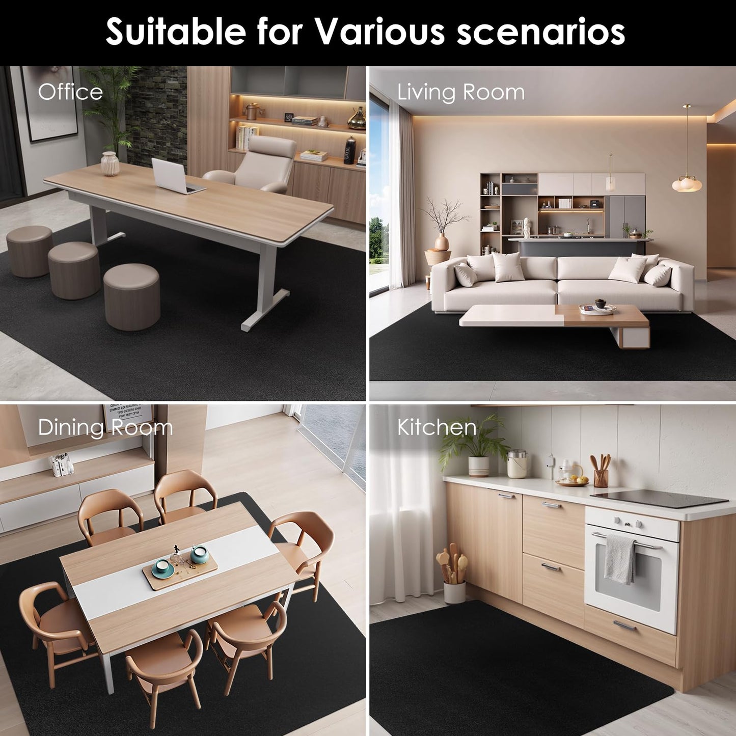 Vicwe Area Mat for Hard Floor, 3'×5'Area Rug for Home, PVC Non-Slip Floor Protector for Dining Room, Large Anti-Scratch Floor Mats for Laundry Room, Kitchen, Bedroom (Black)