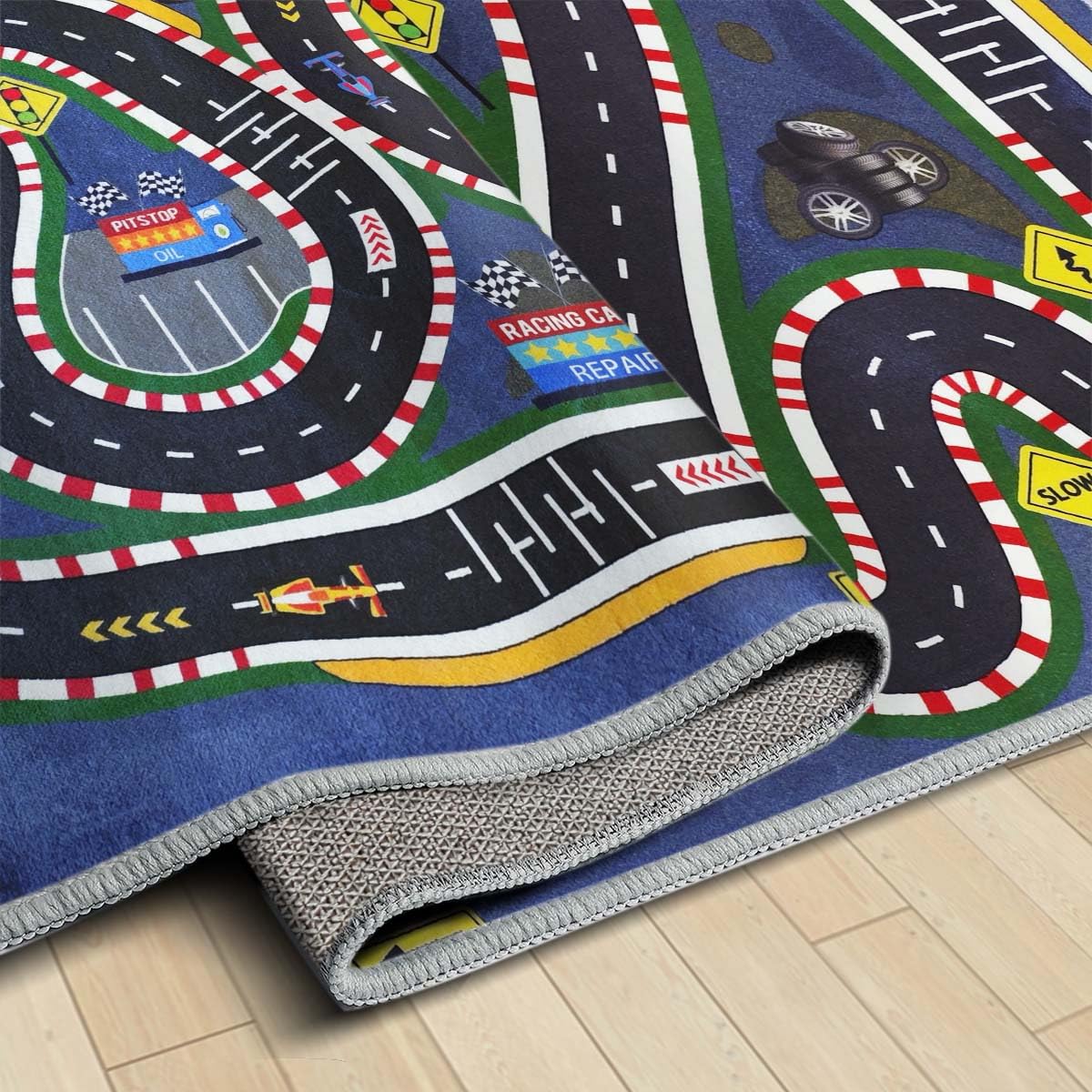 JUFORHQC Kids Rug,Children's Room Rug,Road Race Play Rugs, Rail City Living Rugs, Washable Non-Slip Play Mats. (Dark Blue, 31x47in)
