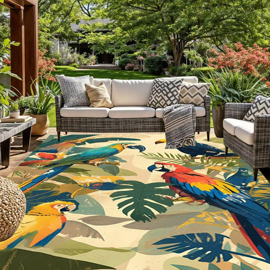 Tropical Jungle Birds Pattern Outdoor Large Carpet in Garden Foyer Porch Patio Vintage Natural Aesthetic Funky Cute Teal Yellow 3x5 Area Rug for Balcony Veranda Backyard Washable No Slip Durable Rug