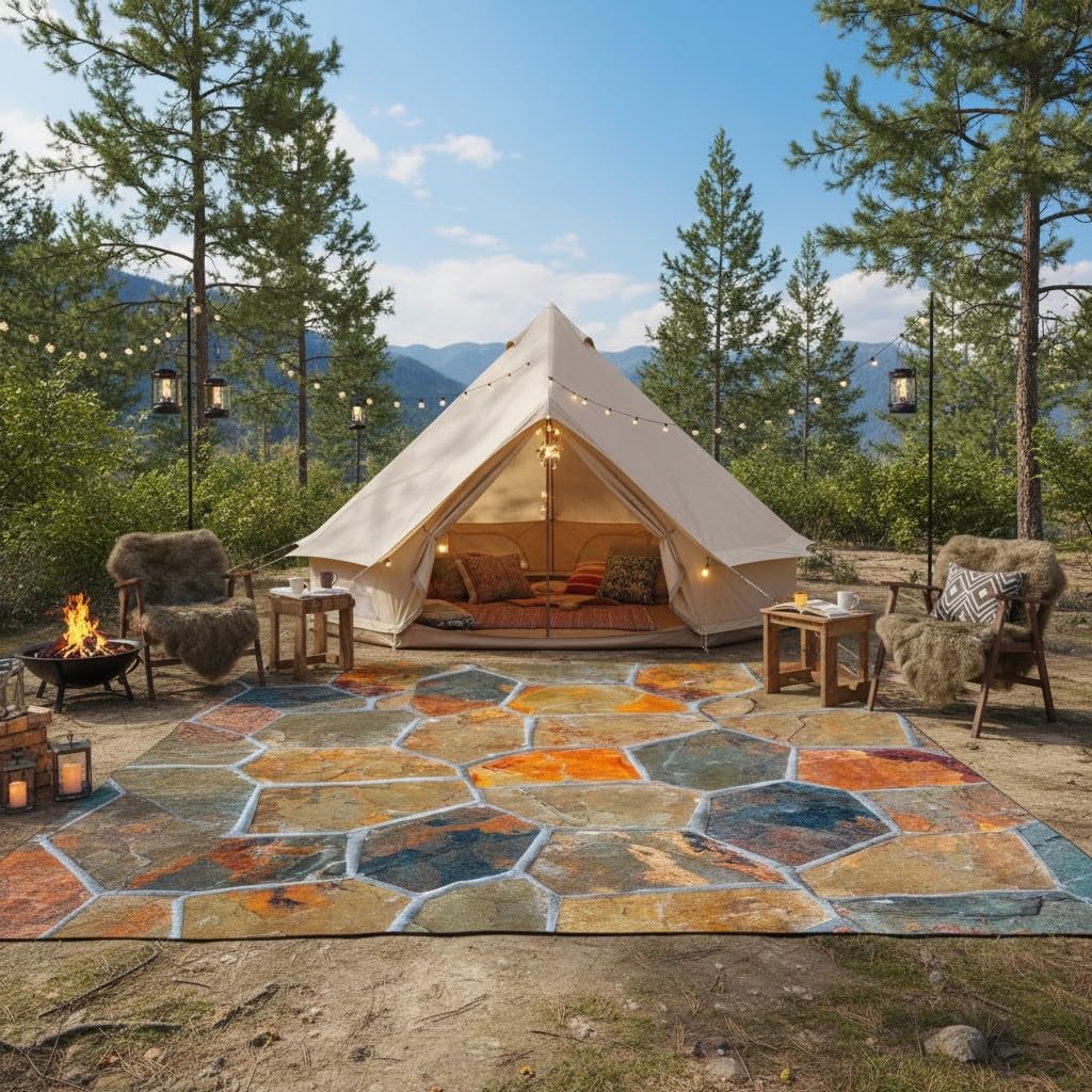 Vexyora Natural Rustic Stone Outdoor Area Rug 2x3 Brown Grey Orange Farmhouse Style Non Slip Thin Waterproof Art Deco Low Pile Floor Mats for Patio Deck Pool Garden Balcony Backyard RV Outside Rugs