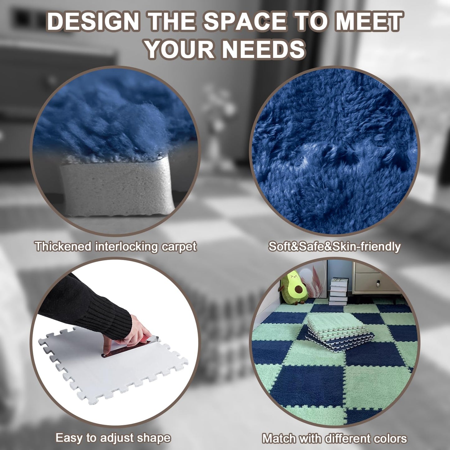Jaderlu 16pcs 0.6" Thickened Interlocking Tile Mats,Fluffy Shaggy Soft EVA Foam Area Rug for Living Room&Bedroom,Non-Slip Protective Floor Carpet Play Mat Kids Baby Dorm Home Decor 11.8ft (Navy Blue)