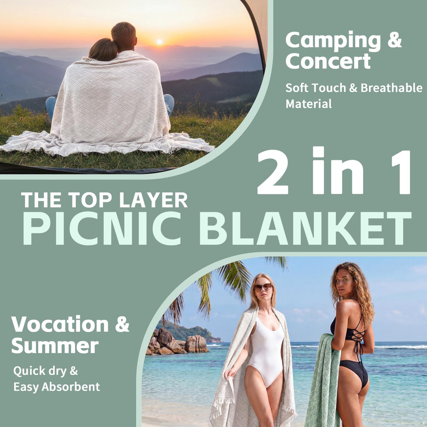 2 in 1 Extra Large Camping Blanket Outdoor Rug Picnic Yoga Mat Lightweight Car Essential Roadtrip Gadget Rv Accessories Glamping Gear Must Haves Hiking Stuff Backpacking Necessities Women Beach Gift